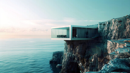 Modern architecture in nature, house built in cliffs on rocky coast with ocean view, mansion, background