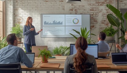 Poster - In a modern office, a collaborative team meeting occurs during a business presentation. The team uses charts and graphs to analyze a project and improve their discussion and decisionmaking