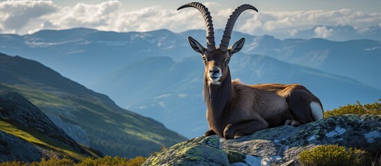 Wall Mural - Chamois at mountain summit during scenic sunset, with copy space image.