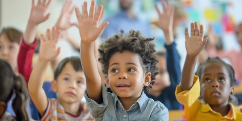 Poster - In a bright classroom, a diverse group of school children is actively engaged in interactive learning, studies, and raising hands. They are enthusiastic and in an academic and educational environment