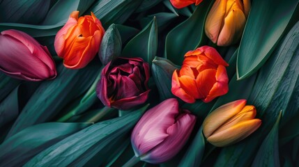 Vibrant tulips on top of a green veined leaf in a close up view capturing a spring theme