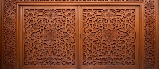 Poster - Wooden panel intricately carved with an Islamic design, featuring delicate craftsmanship and a detailed pattern, ideal for a copy space image.