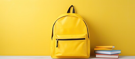 Poster - National School Backpack Awareness Day celebrates by showcasing a schoolbag and stationery on a table against a colorful background with copy space image.