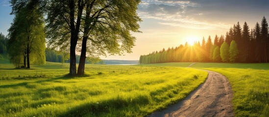 Canvas Print - Tranquil rural summer landscape with green trees and a dirt road at sunrise. Charming scenery featuring blooming trees and plants in the sunny spring morning with copy space image.