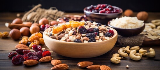 Poster - A healthy vegan snack, a granola bar, with nuts, fruits, and berries on a blue stone table, with a top view and copy space image.