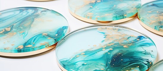Wall Mural - Epoxy resin products like wall panels and jewelry stands are handcrafted and displayed on a white background in the copy space image.