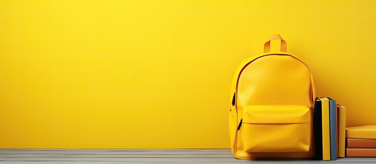 Poster - An empty copy space image displays a yellow backpack on a table surrounded by school supplies and education objects.