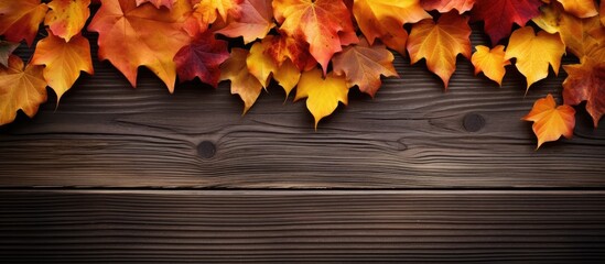 Sticker - Autumn leaves in red and orange hues arranged in the shape of a heart on a fall-themed wooden background with a copy space image.