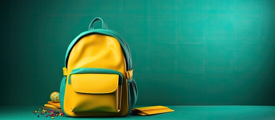 Poster - Design for back-to-school advertisement featuring a yellow backpack filled with school supplies displayed on a blue background with empty copy space for customization.
