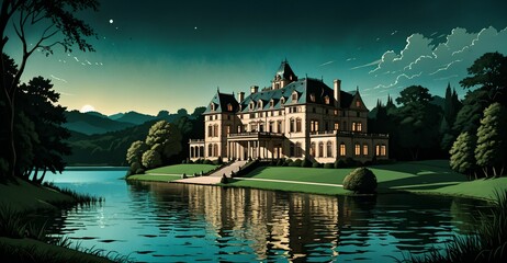 palace mansion by river lake pond in green forest woods under blue sky and clouds in summer. evergreen sunset open field meadow secluded castle.	