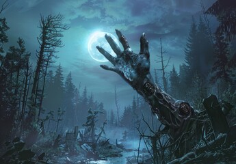 Wall Mural - A zombie hand is rising from the grave at night with moonlight shining down on it, gothic crosses in the background