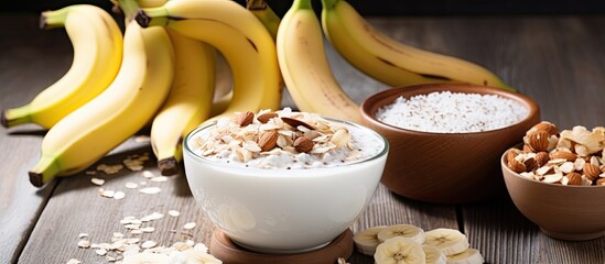 Poster - Vegetarian breakfast or snack option; a chia pudding bowl featuring bananas, granola, and a sprinkle of cinnamon, displayed in a photo with copy space image.