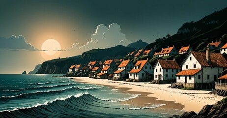 Sticker - coastal town homes on ocean beach coast village under sky clouds seascape. city houses along seashore shore on the sea at summer sunset. water wallpaper banner. 