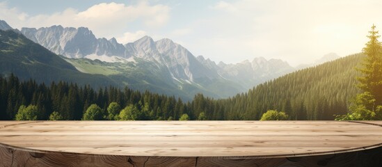 Wall Mural - A podium with a flying stone base set against mountain scenery, ideal for displaying merchandise, featuring a stunning mountain backdrop and clear blue sky in a high-quality copy space image.