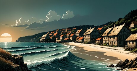 coastal town homes on ocean beach coast village under sky clouds seascape. city houses along seashore shore on the sea at summer sunset. water wallpaper banner. 