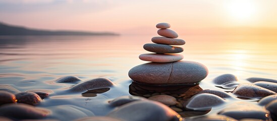 Poster - Zen stones stacked in a serene environment with a calming sunset backdrop, creating a sense of tranquility and balance in the copy space image.