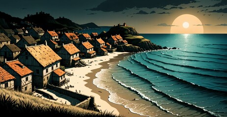 coastal town homes on ocean beach coast village under sky clouds seascape. city houses along seashore shore on the sea at summer sunset. water wallpaper banner. 