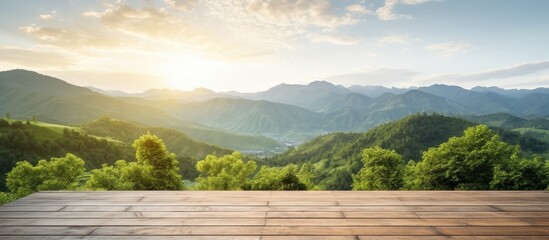 Sticker - Terrace table set in nature with a refreshing morning atmosphere, surrounded by a picturesque landscape, perfect for a copy space image.