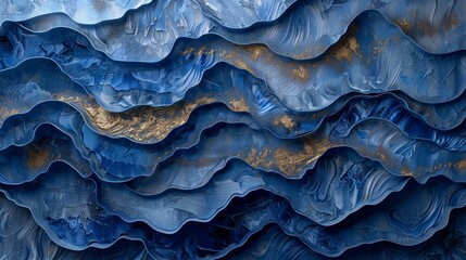 Volumetric abstract blue sea waves on a concrete wall with gold elements.