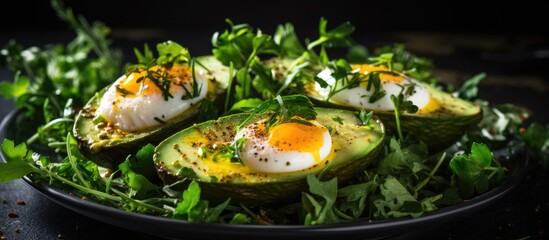 Poster - Avocado with eggs baked, seen from above with copy space image.