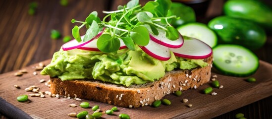 Poster - Rye bread topped with avocado, cucumber, and radish sprouts on a plate with copy space image.