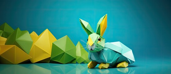 Wall Mural - Origami bunny made of paper with a white background, featuring paper art and crafts with copy space image.