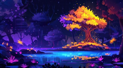Wall Mural - Dark night forest with lake and magic fantasy neon glowing yellow and orange tree and flowers on island. ​