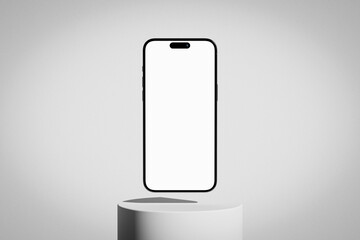 Wall Mural - studio scene with iphone mobile phone with blank screen on the plaster podium