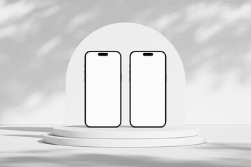 Wall Mural - two iphone mobile phones with blank screen on the plaster podium