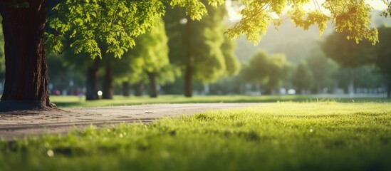 Wall Mural - A serene sunset scene in a lush green park by the beach, with tropical coconut trees, creating a beautiful bokeh effect; ideal for a copy space image.