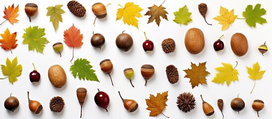 Wall Mural - Frame of various autumn leaves, chestnuts, acorns, and berries on a white background with copy space image.