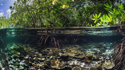A dense mangrove forest with its intricate root systems providing shelter for a myriad of aquatic species.
