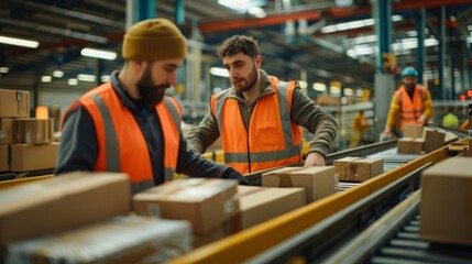 Two warehouse workers wearing orange safety vests are working on a production line in a factory. AI.