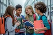 © YURIMA - In a school hallway, a diverse group of high school students are joyfully interacting near lockers. They are chatting, sharing books, and building positive friendships within the school community
