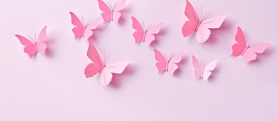 Wall Mural - A paper butterfly on a pink backdrop with copy space image.