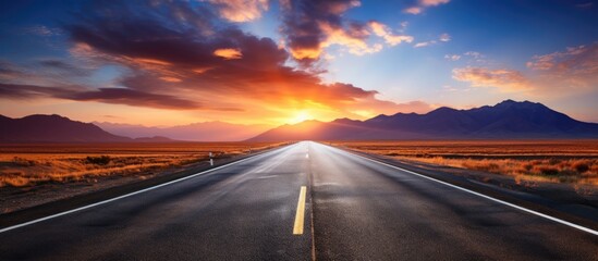 Wall Mural - A serene empty mountain road stretches into the horizon on a sunny summer day with a bright sunset, showcasing a speed motion blur effect against a scenic backdrop with copy space image.