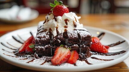 Canvas Print - Chocolate cake topped with strawberries vanilla ice cream and whipped cream