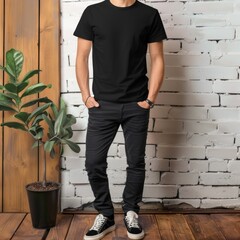 Wall Mural - Full body view of fit man wearing black T-shirt mockup