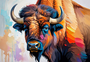 Colorful abstract bison animal portrait painting, nature theme concept texture design