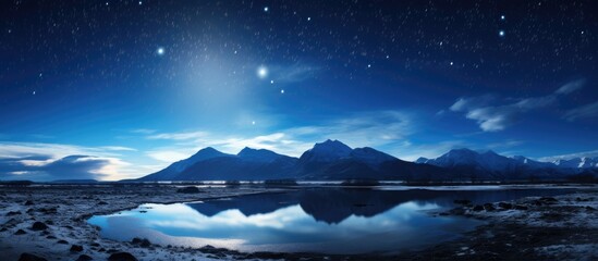 Wall Mural - a scenic night landscape with a majestic galaxy, twinkling stars, towering mountains, and winding tr