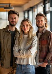 Three young people standing in a room smiling