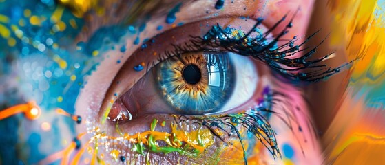 Wall Mural - Creative eye close-up with vibrant paint splashes. Abstract art inspired by a colorful human eye.