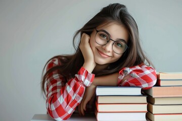 Aufkleber - A young woman wearing glasses smiles next to a pile of books. She appears happy and relaxed, surrounded by an indoor modern setting, embodying a youthful and intellectual lifestyle