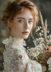 Poster - Portrait of a beautiful redheaded woman in a white dress