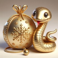 Wall Mural - 3D image of a cute, smiling, gold snake sits next to an ornamental bag in a snowflake pattern on a plain background