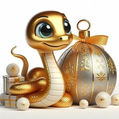 Wall Mural - 3D image of a cute, smiling, gold snake sits next to an ornamental bag in a snowflake pattern on a plain background