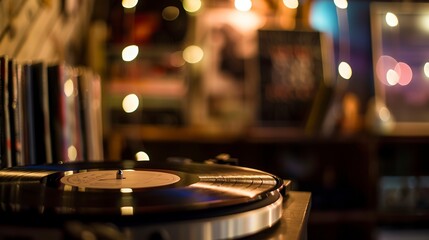 Poster - Loft entertainment space, close-up on vintage record player and collection of vinyl, mood lighting