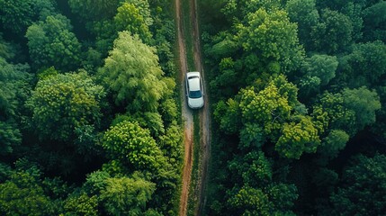 Car driving on dirt road in forest