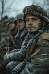 Canvas Print - Portrait of a soldier in a winter hat with a red star