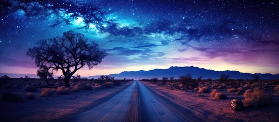 Wall Mural - a road stretching out towards the milky way galaxy in a mesmerizing copy space image.